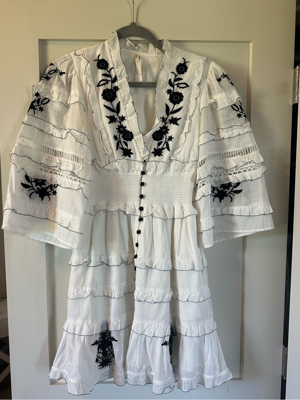Anthropologie White Mini Dress with Black Floral Embroidery